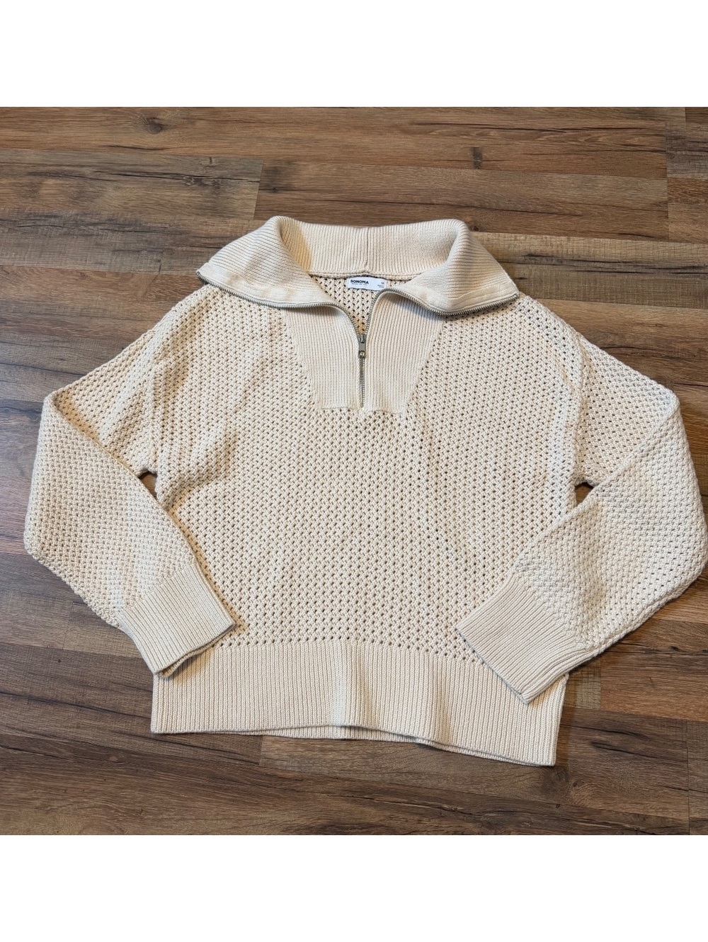 Sonoma Women’s Medium Beige Cowl Neck Zipper Sweater Over coat